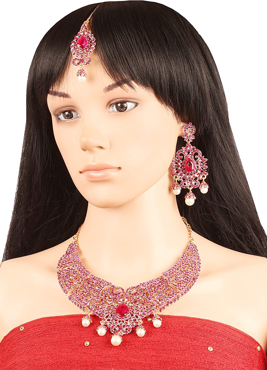 Touchstone Indian Bollywood Gorgeous intricate Workmanship Sparkling White Colorful Rhinestone crystal wedding Designer Jewelry Necklace Set In Gold or Silver Tone For Women. - Image 2